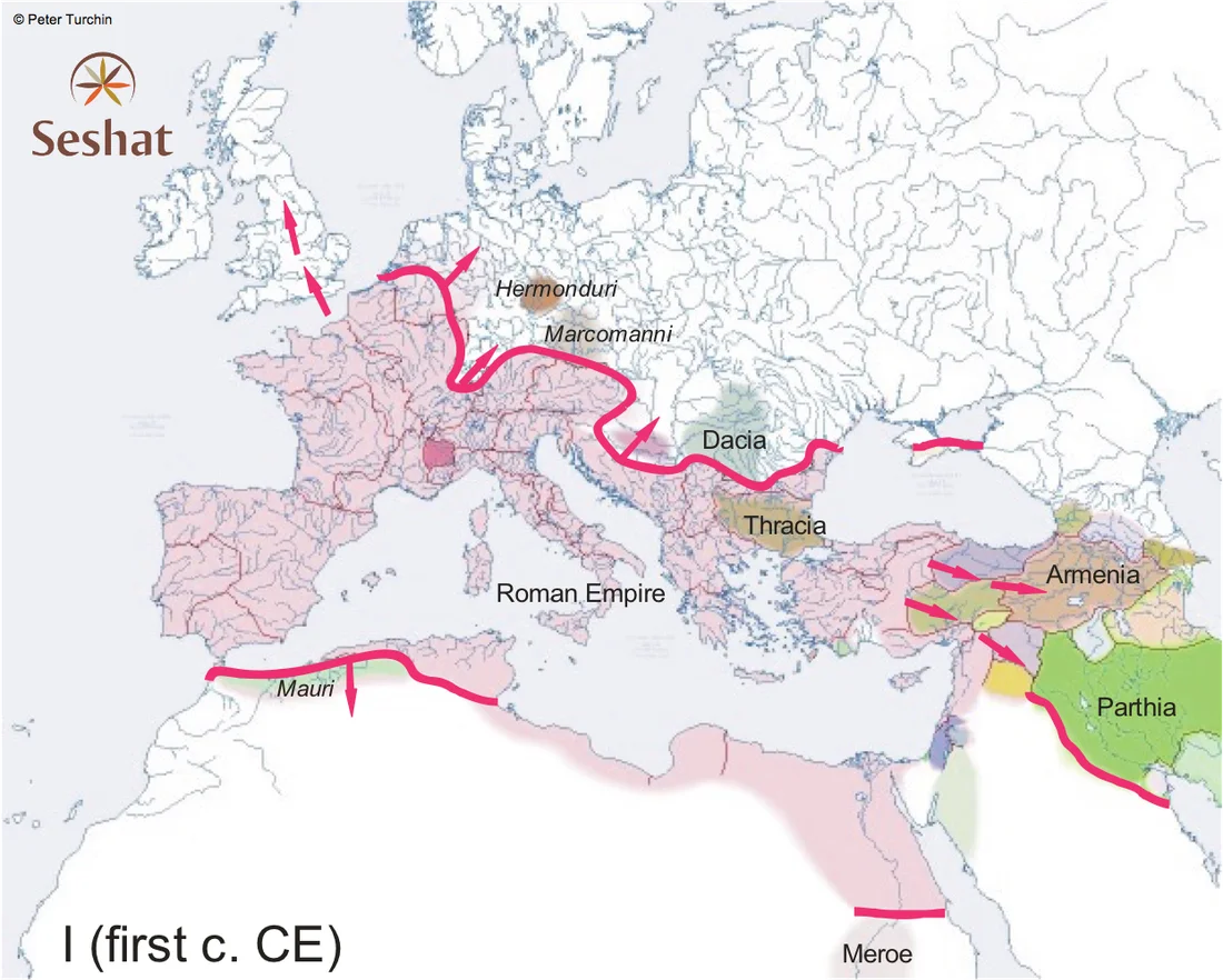 Historical map of Europe and neighboring regions, panel 1 in the metaethnic frontier sequence.